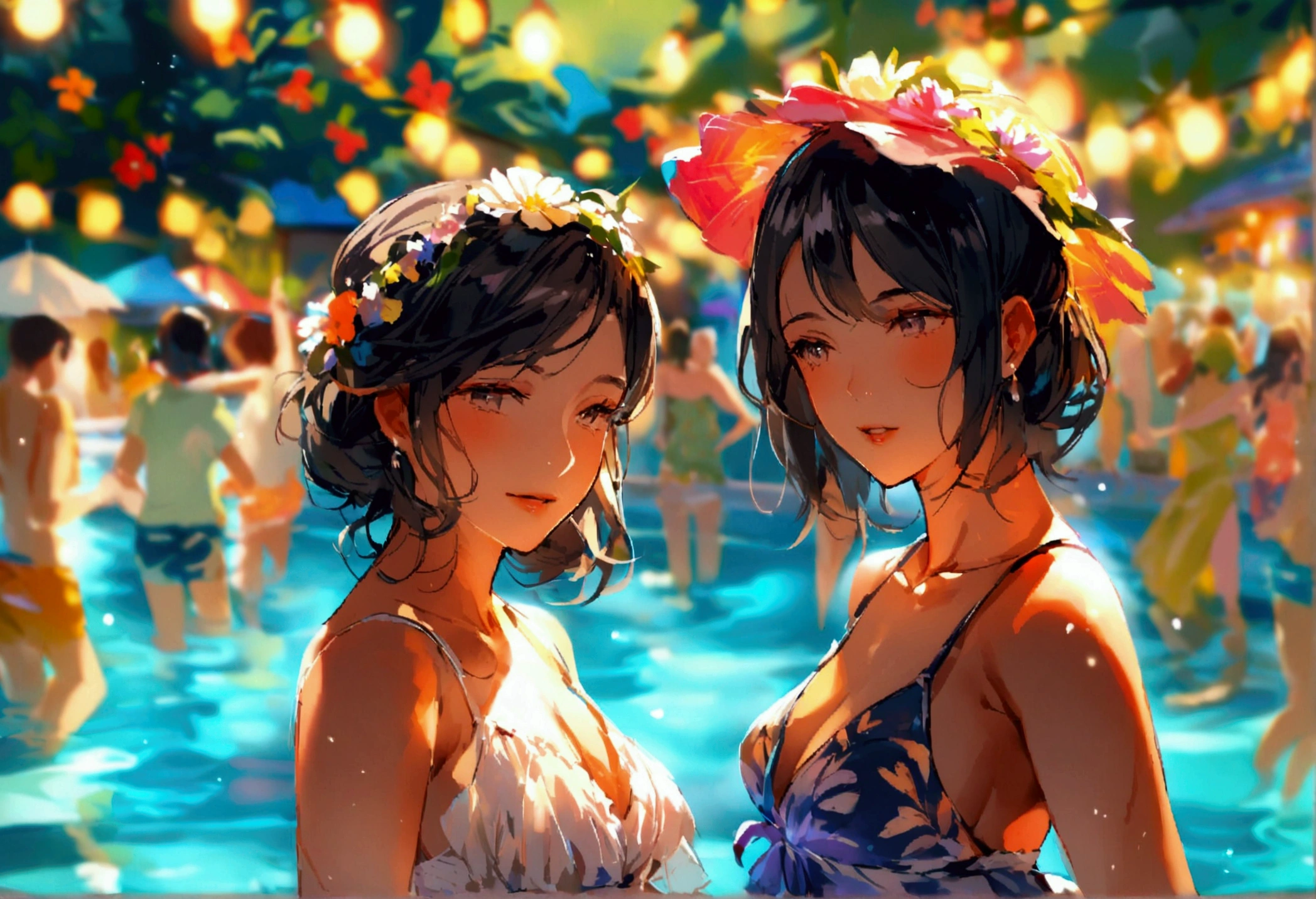 Many people are dancing by the pool、summer night