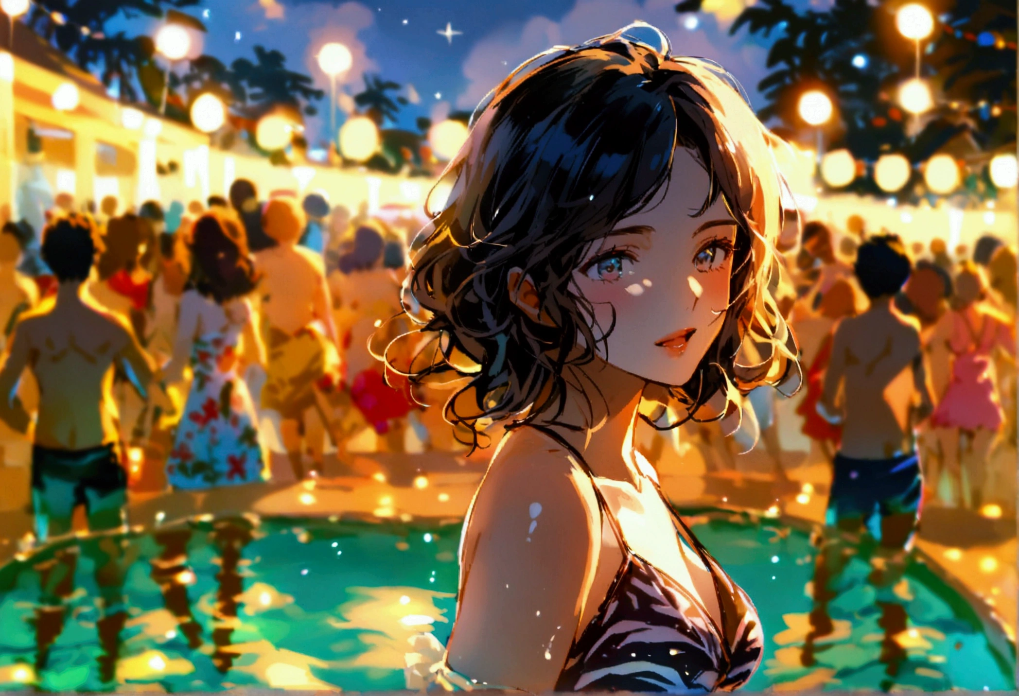 Many people are dancing by the pool、summer night