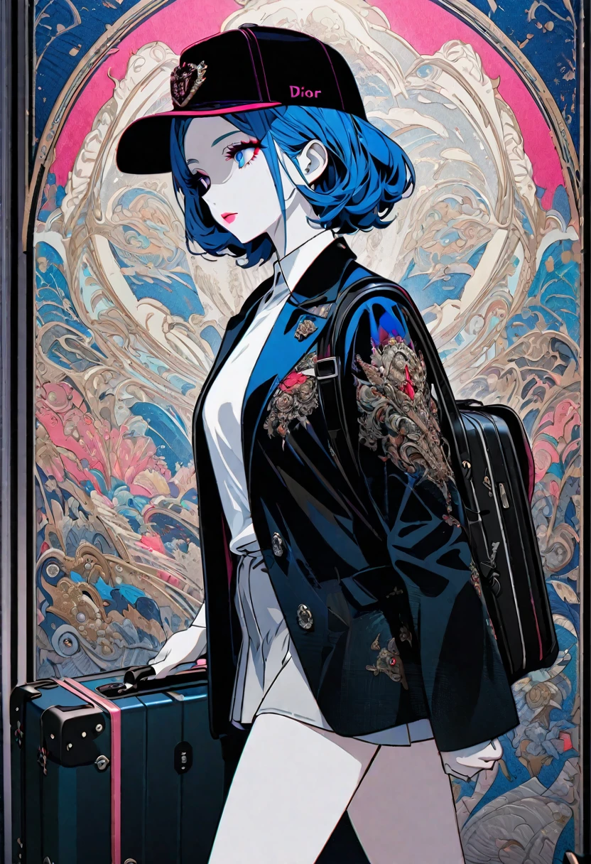 High resolution RAW color art, animation, Silver Marble Skin, (((Highly detailed elegant))), Magical atmosphere, Detailed skin, texture,(Exquisitely crafted, The finer details, Ultra-detailed art), Depth of written boundary, Silky Touch, Hyper Detail, Matte Drawing, Cobalt blue eyes, Elegant face,,Red eyeshadow,dior pink lips,Neon color,suitcase,Carry a backpack,The day of departure,Black jacket,White T-shirt,Short skirt,Wearing a cap,airport,airport8K,Looking to the side,