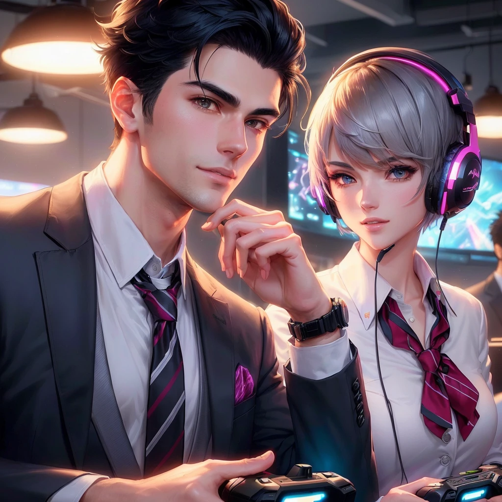 An Anime art style of a portrait of a 30-year-old handsome man with black hair and strong jawline, wearing a , tie, blazer and white sport shoe, opposite a woman with a short blonde grey pixie cut, fair skin, wearing a too with blazer, tie, and shoes, both in a gaming cafe exchanging flirty glances with gaming headphones, neon game controllers, detailed and dynamic, wide-angle, neon volumetric lighting, neon light game backgrounds