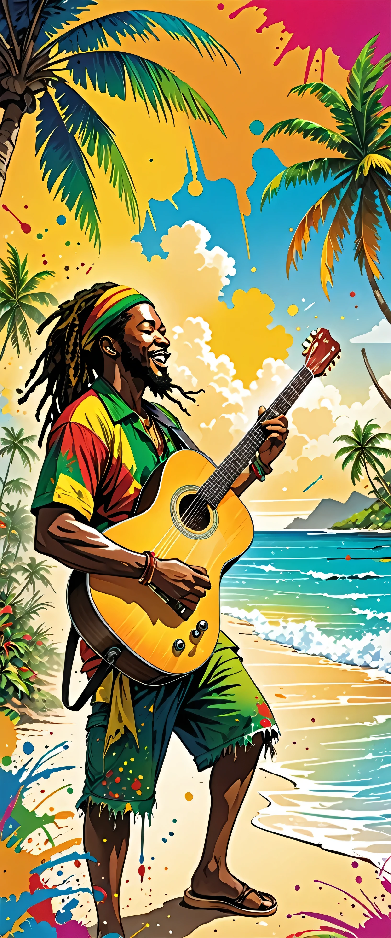 Vector art, Lots of Jamaican Reggae, Authentic Jamaican reggae music atmosphere，Color illustrations, in the center, Vibrant colors, Paint splatters and stains, High detail, 
Palm tree,A man is playing the guitar in the distance,Beach