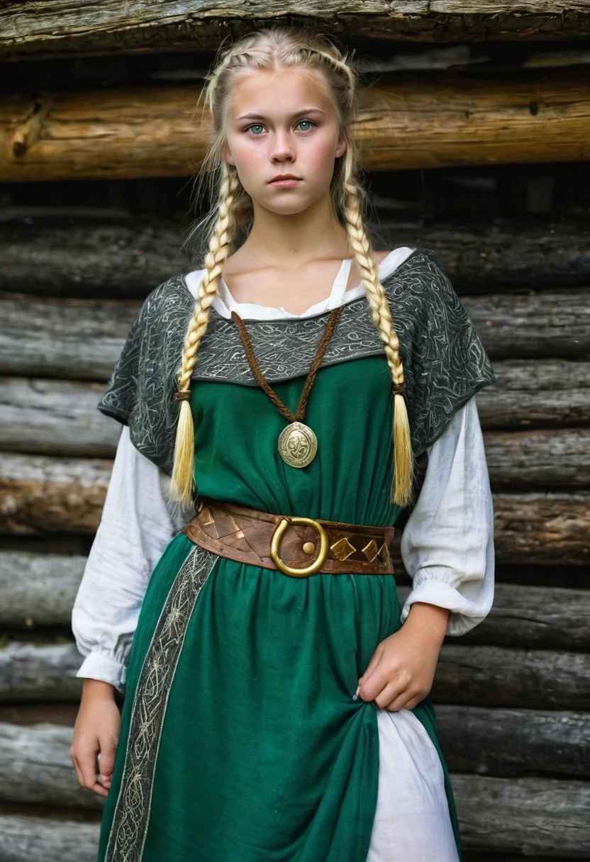 front view, Viking girl,12 century,  Sweden Young girl, beautiful female, 18 years old, (Highly detailed face, Ordinary eyes, emerald green eye,  gold hair, fringe, Variegated eyes, Fuller lips, little Lips), (Middle breasts, Slender Whist, Middle Hip) ,(Viking costume, clothes), standing pose, in log house