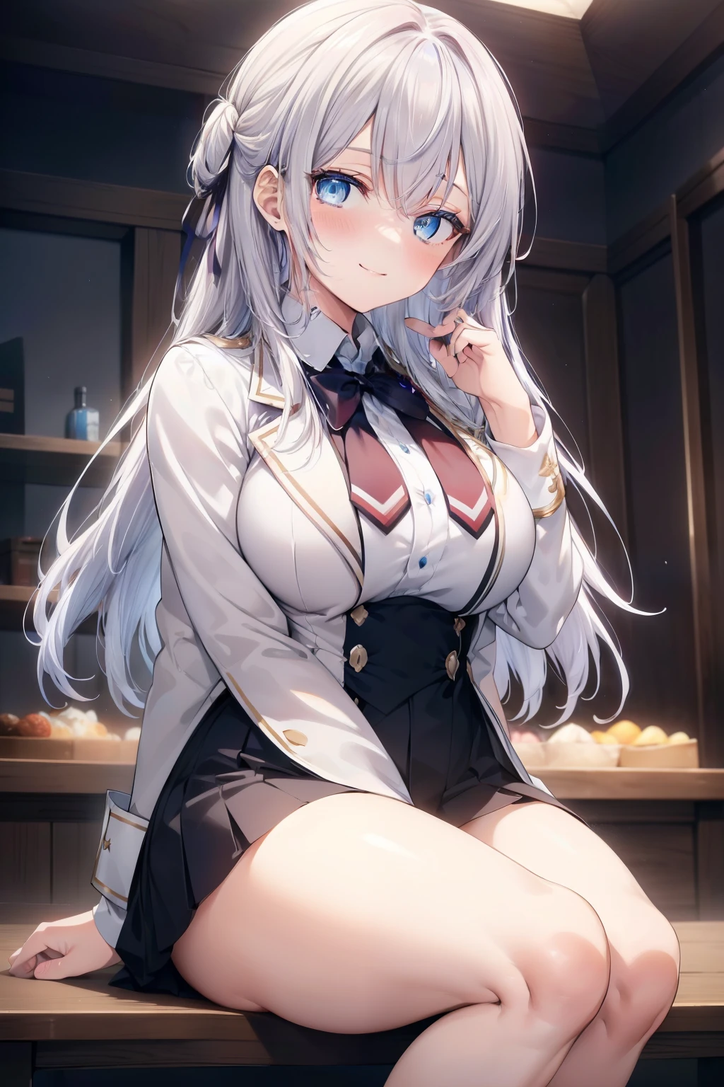 Alisa Mikhailovna Kujou、blush,smile、Silver Hair、Blue Eyes、uniform、Sexy thighs、Beautiful legs、Usual hairstyle、Highest quality, High resolution, unity 8k wallpaper, (shape:0.8), (Beautiful and beautiful eyes:1.6), Highly detailed face, Perfect lighting, Highly detailed CG, (Perfect hands, Perfect Anatomy),