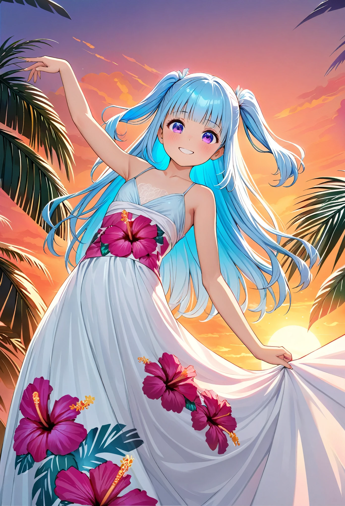 masterpiece, best quality, extremely detailed, (illustration, official art:1.1), 1 girl ,(((( light blue long hair)))), ,(((( light blue long hair)))),light blue hair, , long hair ((blush)) , cute face, big eyes, masterpiece, best quality,(((((a very delicate and beautiful girl))))),Amazing,beautiful detailed eyes,blunt bangs((((little delicate girl)))),tareme(true beautiful:1.2), sense of depth,dynamic angle,,,, affectionate smile, (true beautiful:1.2),,(tiny 1girl model:1.2),)(flat chest), masterpiece, best quality, high quality, extremely detailed, very delicate and beautiful, , (light blue long hair up to waist with two side up:1.5), bangs to eyebrows, eyes (eyes sharp and strong with glossy glossy eyes, eyebrows glossy, (eye color magenta:1.3), 6.5 head height, (long dress with hibiscus print:1.3), (standing), (smiling), (dynamic pose), (background tropical and hibiscus:1.3), (sunset:1.3)
