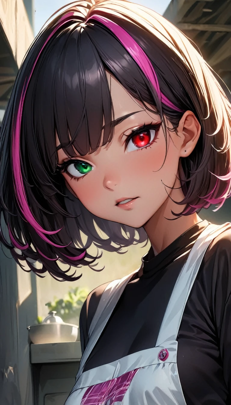 (highest quality:1.2, Very detailed, up to date, Vibrant, Ultra-high resolution, High Contrast, masterpiece:1.2, highest quality, Best aesthetics), Portraiture、girl、20-years-old, slim, , heterrochromia, green eye, red eye, stage、performance、Bright colors、Beautiful fine details、Beautiful lip detail、extra short hair, ((bob cut:1.5))、pink and purple ((streaked hair:1.9)), (highlights hair: 1.6), ((small breast:1.3), (tan skin:0.7), cooking、kitchen, apron、Resolute expression、Avid Fan、Rock star aura、cowboy shot