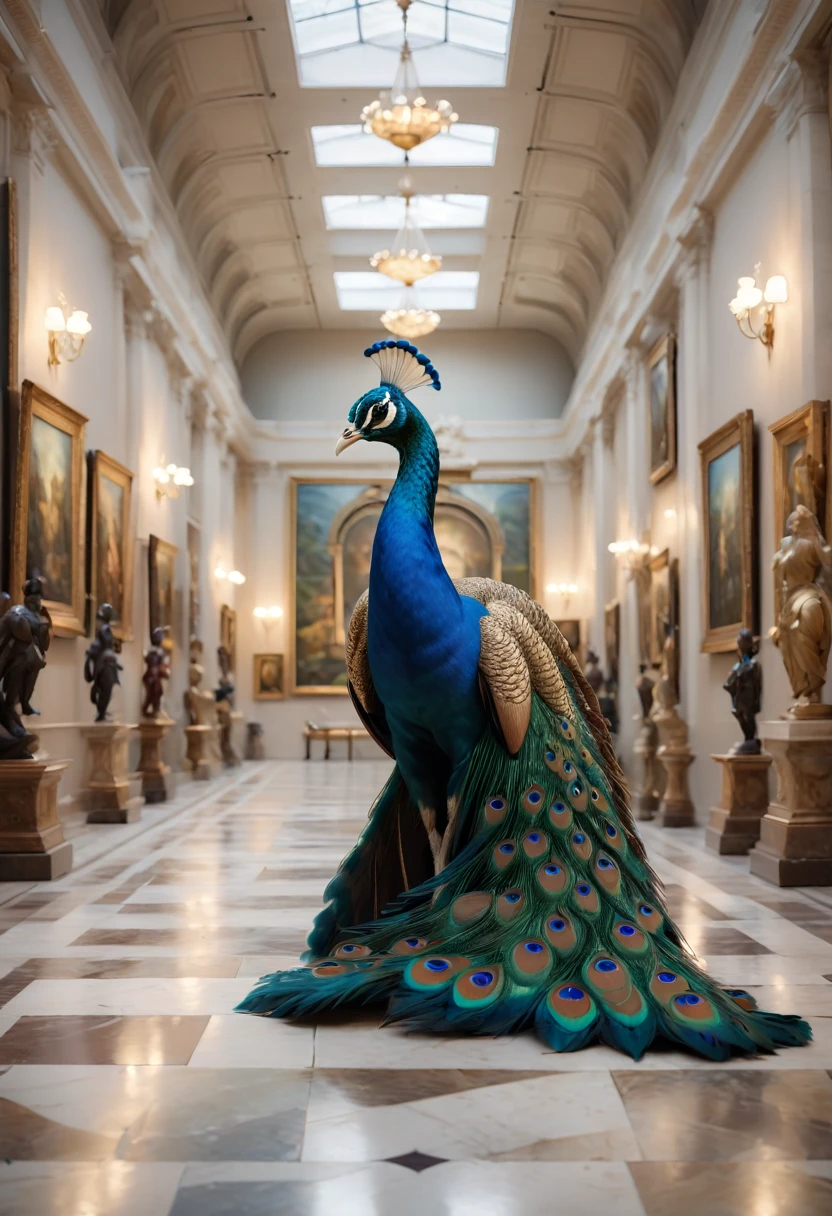 In the soft glow of gallery lights at a modern art exhibition, a graceful peacock walks majestically on the marble floor, surrounded by beautiful paintings and artistic statues. The 8K UHD image is rendered in RAW format, boasting incredible photorealism, with each colorful tail feather meticulously detailed, feather textures subtly nuanced, and eyes full of gentle curiosity. Everything is combined with a rich color palette of natural colors, blues and greens, evoking a cinematic atmosphere full of beauty and tranquility.