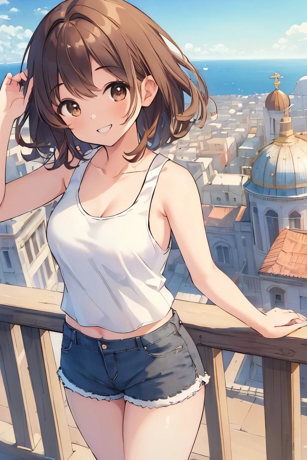 (masterpiece, Highest quality: 1.5), From above:1.3, whole body, 1 beautiful girl, alone, Brown Hair, (White tank top、 Shorts :1.3), Summer clothes, short hair, Curly Hair, Hair swaying in the wind, Keep your head small, Standard weight, (smile:1.5), Open your mouth, Beautiful views , Mediterranean cityscape, Amazing panoramic views, Dynamic pose