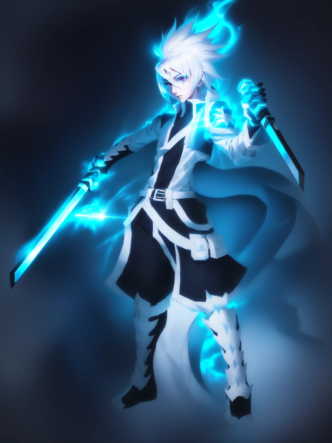 sketches of a drawing of a androgynous young boy with 2 swords, Kilua from hunter x hunter, an anime drawing, detailed fanart, hero 2d fanart artsation, ( ( character concept art ) ), anime drawing, game art!!, with out shading, anime shading), dramatic wielding sword pose, anime shading, white hair, glowing blue eyes, pale skin, black ninja pants, black vest, blue belts, short blue jacket, very long ponytail 