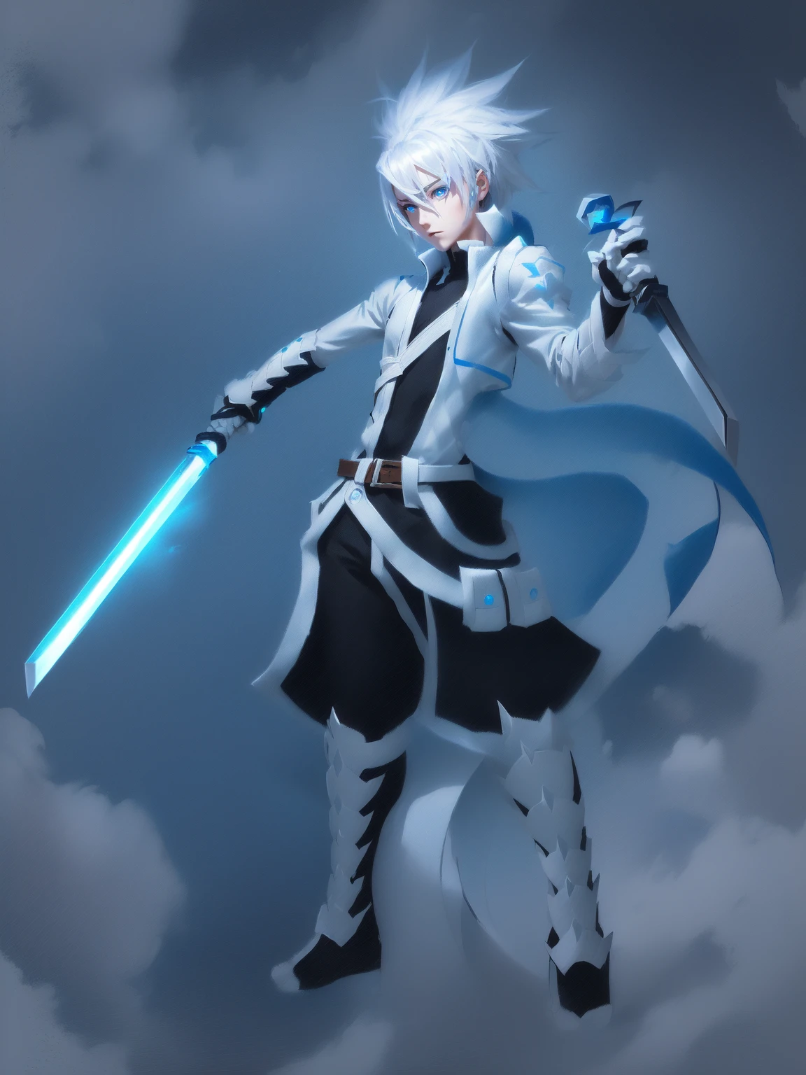 sketches of a drawing of a androgynous young boy with 2 swords, Kilua from hunter x hunter, an anime drawing, detailed fanart, hero 2d fanart artsation, ( ( character concept art ) ), anime drawing, game art!!, with out shading, anime shading), dramatic wielding sword pose, anime shading, white hair, glowing blue eyes, pale skin, black ninja pants, black vest, blue belts, short blue jacket, very long ponytail