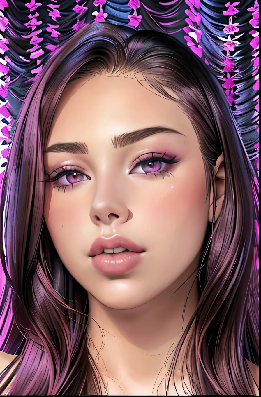 a close up of a woman with long hair and a red top, she is facing the camera, violet myers, portrait sophie mudd, charli xcx, her face looks like an orchid, kailee mandel, face like ester exposito, thick lips, digital art. @mariomaniacdude, dua lipa, sexy face with full makeup