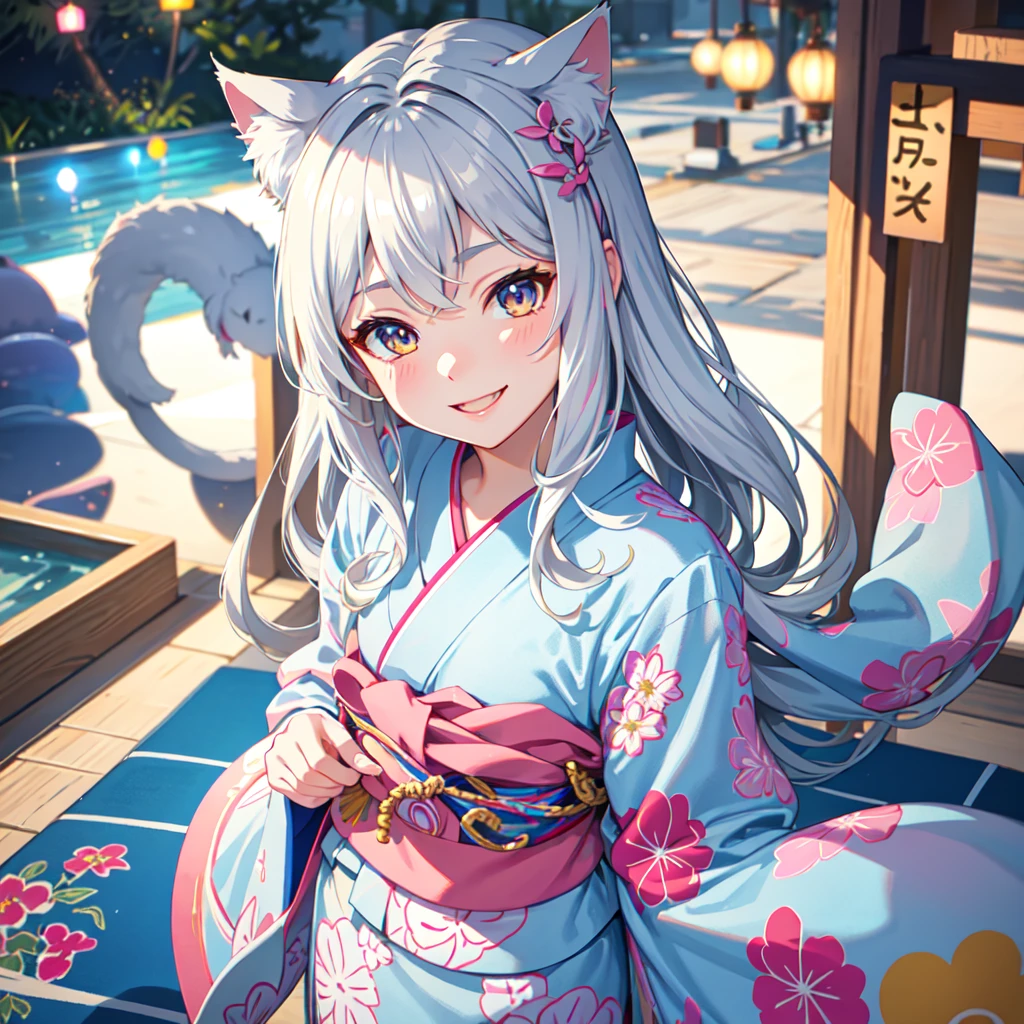 Close up of face,Young,,One person,Summer Festival Night, Yukata,Long Hair, Cat ear girl,Silver Hair, smile, looks fun, delicate design, Bright colors, detailed character design, Soft light and shadow, Cat's Tail, Red Yukata, Fireworks in the night sky, Face illuminated by light, Hair swaying in the wind, Characters stand out, The background is blurred, The focus is on the characters, Sharp details, Warm light at night,Grin,Provocative look