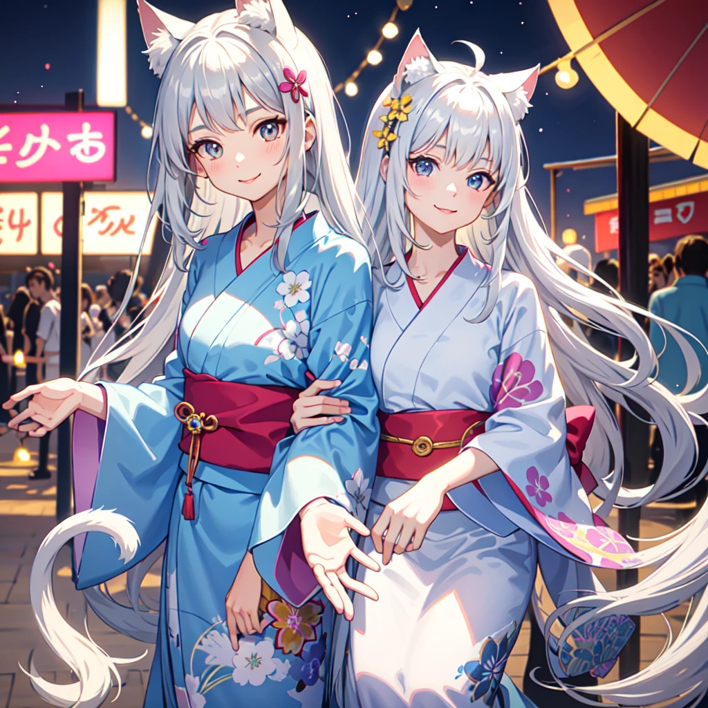 Thighsをアップ,Thighs,Young,Primary school students,,One person,Summer Festival Night, Yukata,mini skirt, moon,Starry Sky, Cat ear girl,Silver Hair, smile, looks fun, delicate design, Bright colors, detailed character design, Soft light and shadow, Cat's Tail, Cat print yukata, Fireworks in the night sky, Face illuminated by light, Hair swaying in the wind, Characters stand out, The background is blurred, The focus is on the characters, Sharp details, Warm light at night,Small breasts,