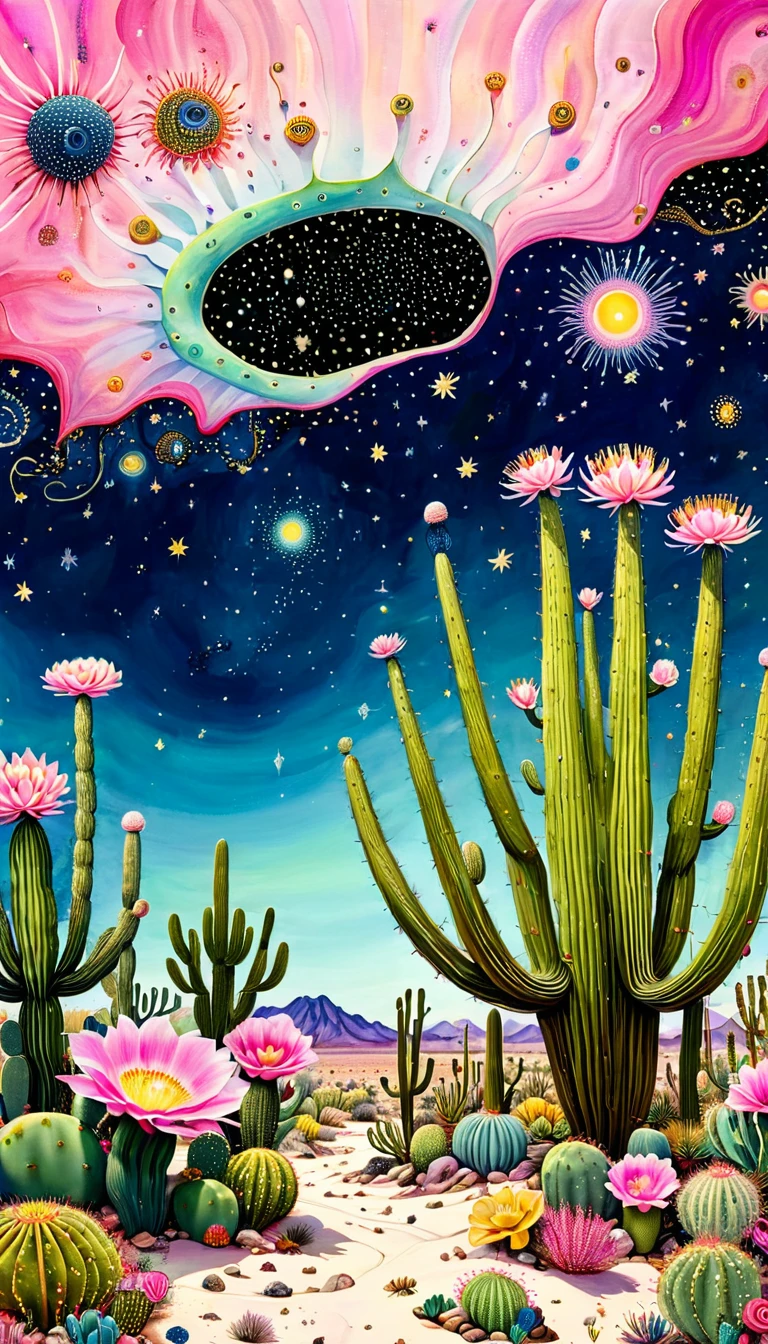 &quot;Dick Ellescas Artist Style&quot; Wide Desert，Cactus Tent，天上的星星有着长长的Tentacles，bacteria，Spore powder，Fungi，Marine Life，plant，flower，Tentacles，Eye、Starry Sky，Stitching together an abstract painting，Describing the inner world of autistic people，Sense of space，White Space，interesting，Innocence，Psychedelic Art，Pink theme