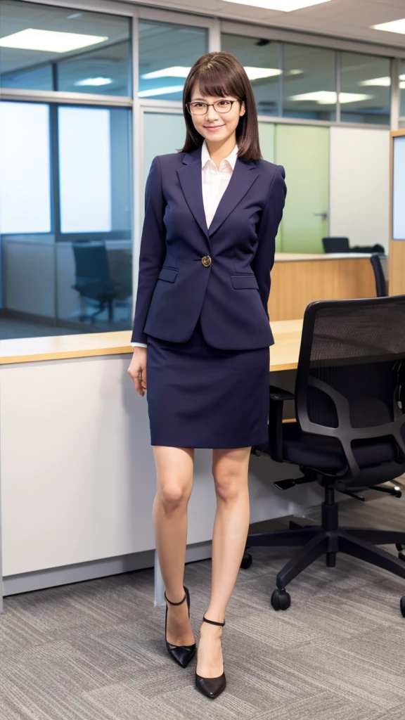 Full body composition, one woman, 30 years old, mai shiraishi, wearing glasses, beautiful woman, pretty face, cute face, suit, skirt, office room