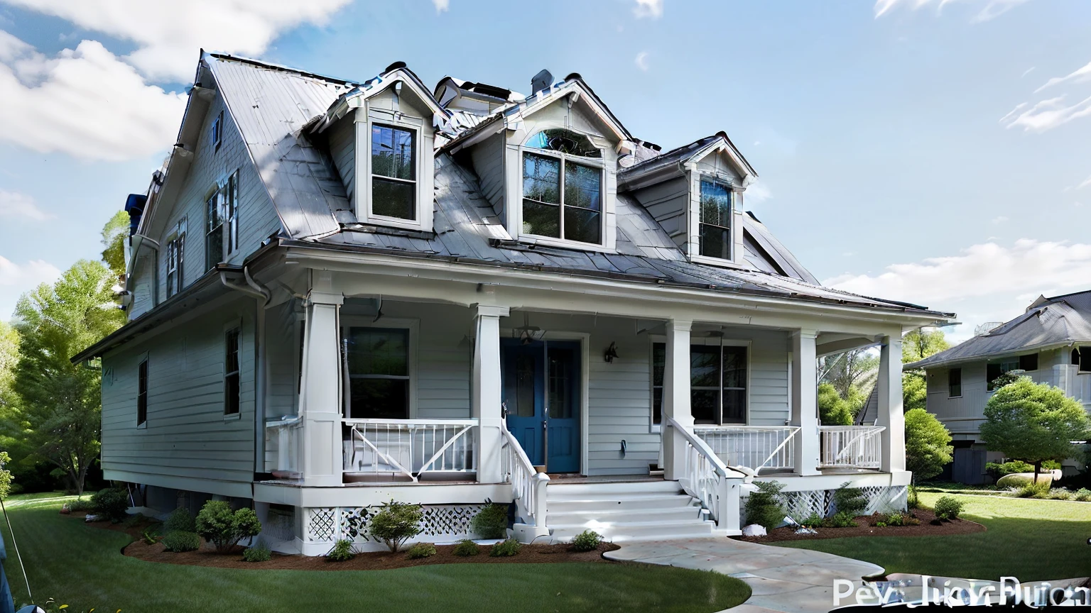 Create an image of a two-story suburban house with a gable roof and a central round window on the upper level. The house should have blue shutters, white siding, and a covered front porch supported by columns. Include landscaping with bushes under the windows and a medium-sized tree to one side. The sky should be partly cloudy, architecture