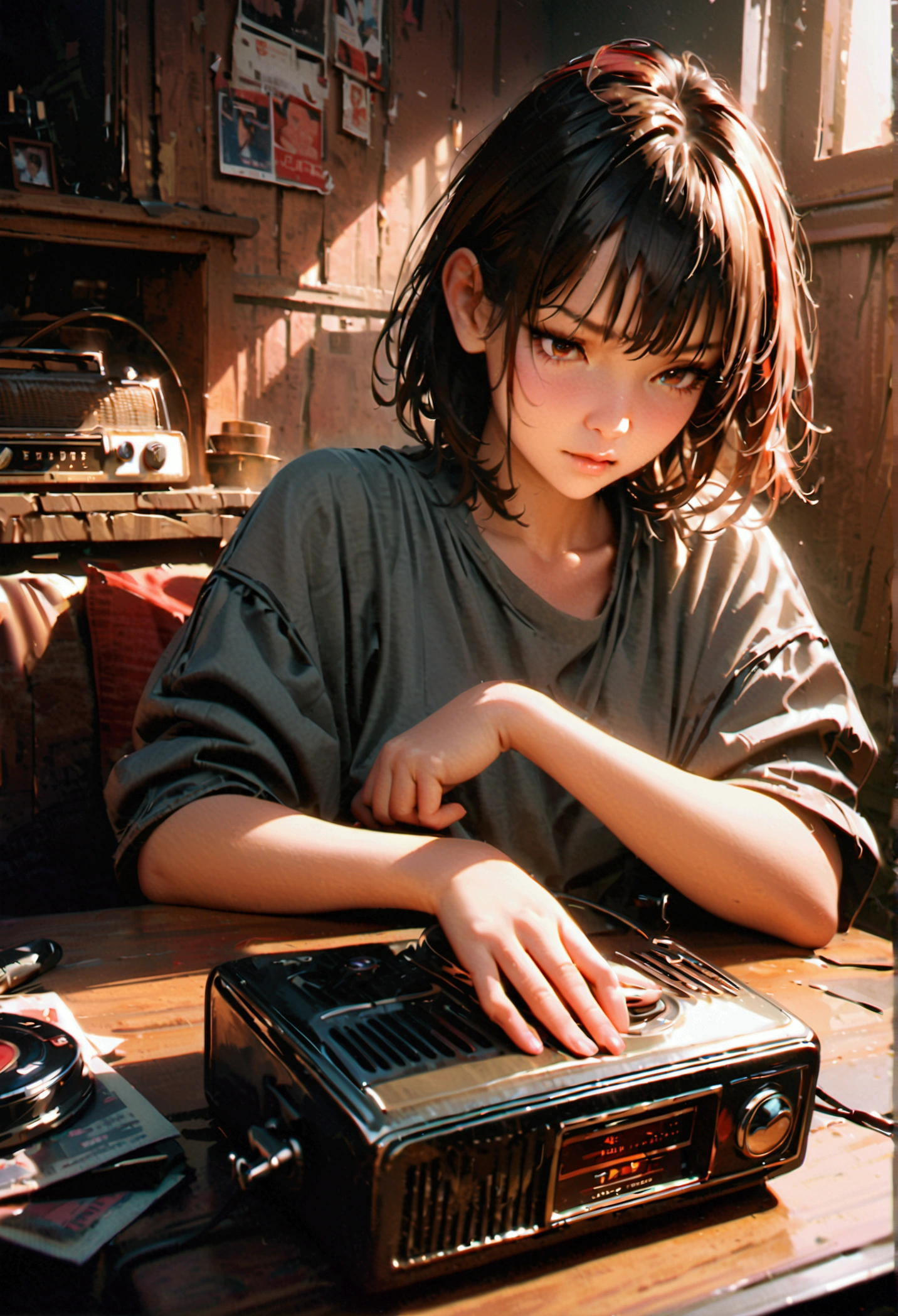 1 woman sitting in an old retro room listening to a vintage radio, medium shot, dark moody atmosphere, black medium short hair, tired expression, oversized clothing, photorealistic, highly detailed, cinematic lighting, warm color tones, dramatic shadows, intricate details, (best quality,4k,8k,highres,masterpiece:1.2),ultra-detailed,(realistic,photorealistic,photo-realistic:1.37),cinematic,dramatic lighting,chiaroscuro,warm color palette,moody atmosphere