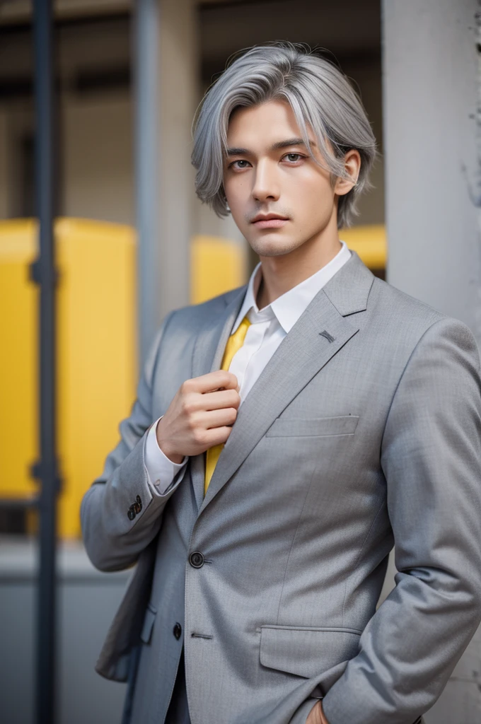 gray hair,yellow eyes,suit
