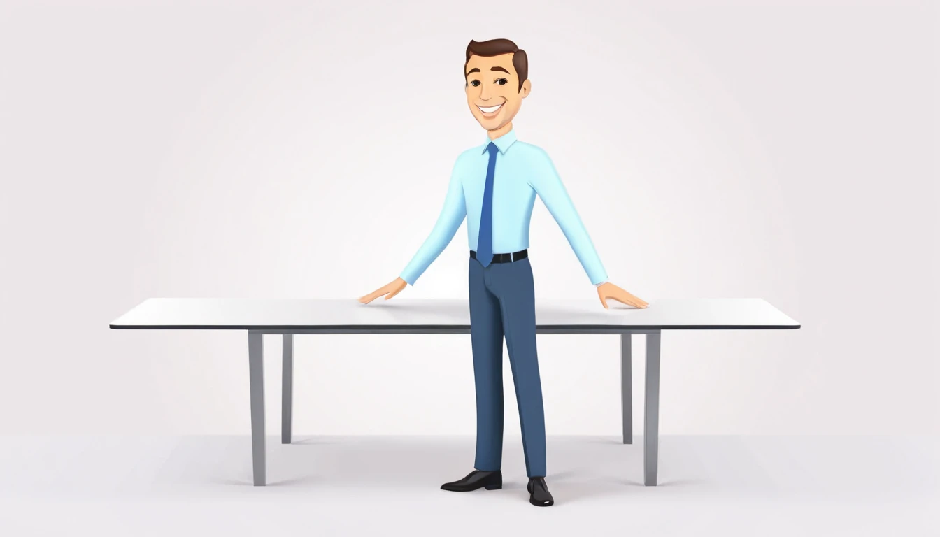 Create an 3d illustration of a person in a meeting, standing with both hands placed on the table, leaning slightly forward, smile, flat illustration