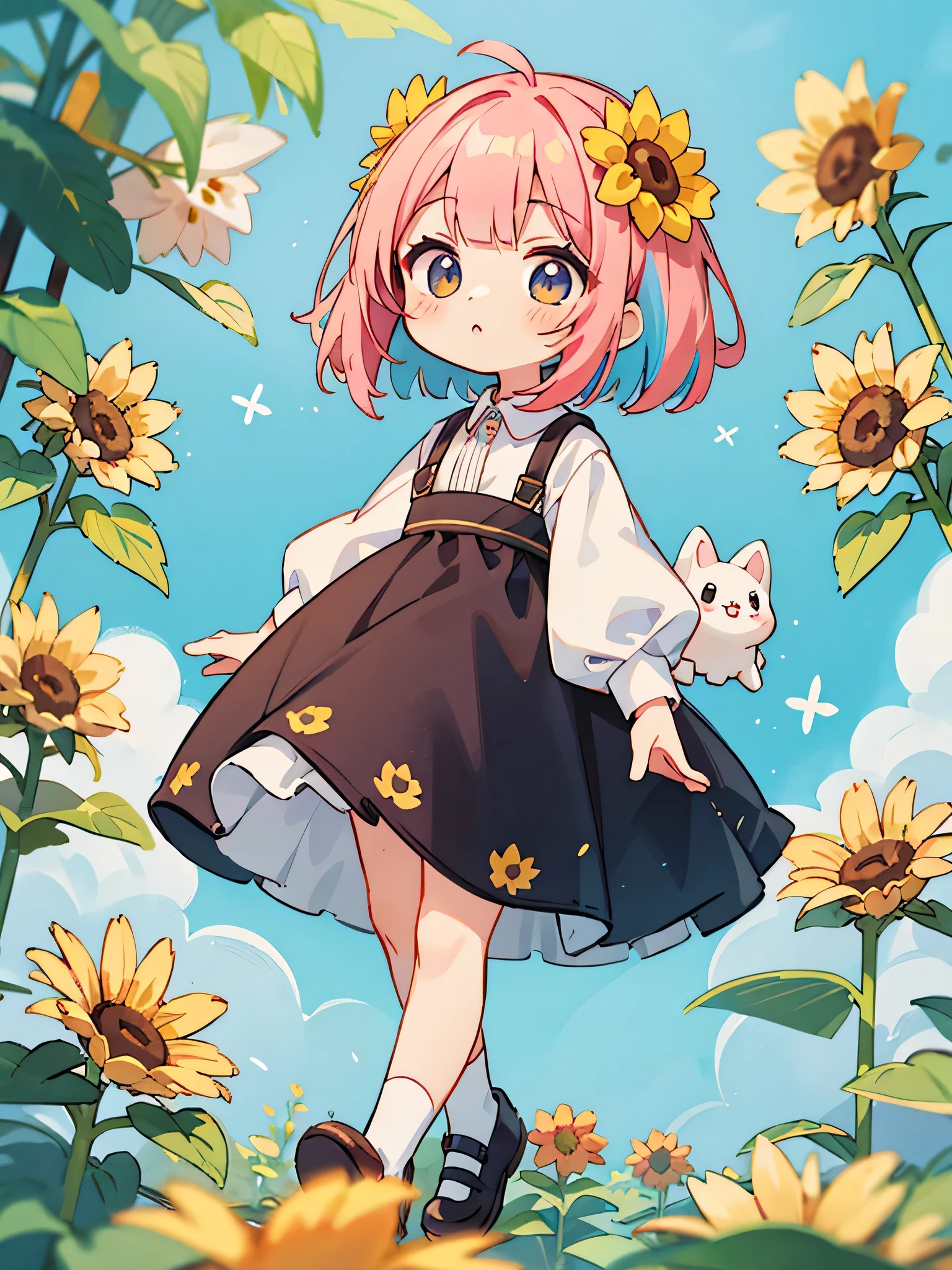 Momoko Sakura style, Kawaii Design, ((many people)))、most beautiful girl ever、Chibi, Colorful bob hair、sunflower, playing
