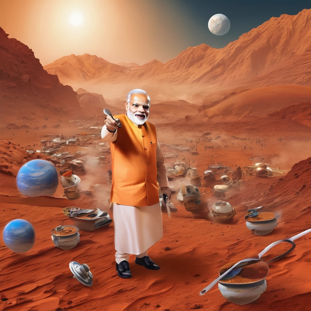 Create a portrait of modi visiting mars with a lot of people and opening tea shop with scissors 