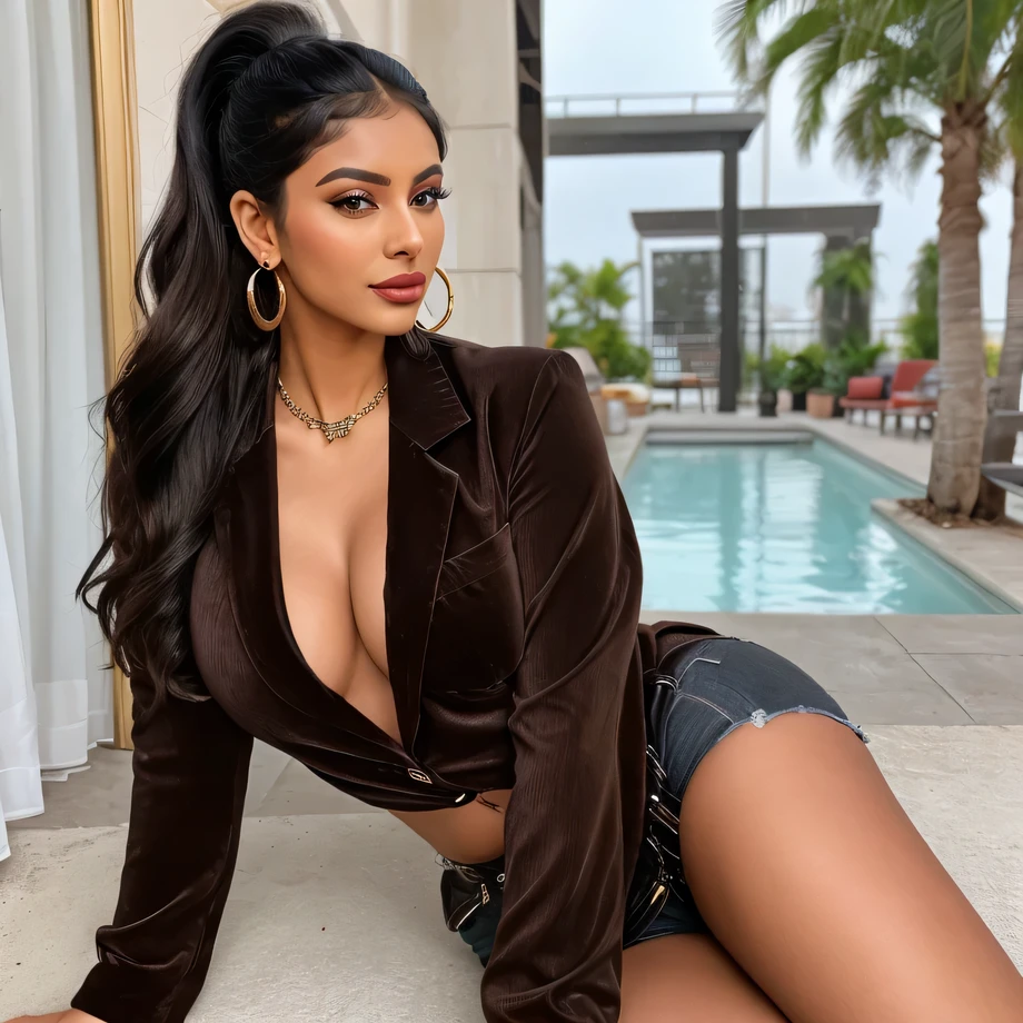 Create an ultra-realistic image of a modern, attractive female influencer of Indian descent, aged between 27 to 30. She should have a warm and inviting smile, expressive almond-shaped eyes with a slight shimmer, and clear, glowing skin with a medium brown complexion. Her features should be well-defined, with high cheekbones and a sharp jawline. Her hair should be long, thick, and wavy, styled in a sleek high ponytail with a bit of volume at the crown, with a vibrant, warm red color that’s eye-catching and bold.
She should have a slender yet athletic build, reflecting a healthy and active lifestyle, with a bust size that is larger than average, enhancing her curves. She is wearing a dark-colored blazer without any layering underneath, revealing 75% of her cleavage. She pairs this with full-length dark blue jeans that complement her curves. Her outfit is completed with stylish black heeled sandals that add elegance to her look. She accessorizes with subtle yet chic jewelry, such as small hoop earrings and a few thin bangles.
The background should be a glamorous backdrop with velvet ropes and flashing lights for a high-fashion feel, suggesting a cosmopolitan lifestyle. Her overall appearance should exude confidence, approachability, and sophistication, capturing the essence of a contemporary Indian fashion influencer.