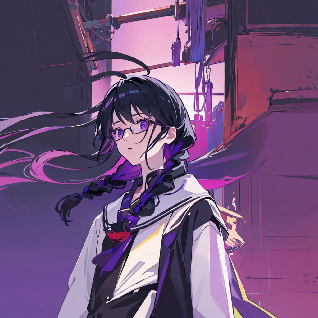 high resolution、Fine skin、Glasses、Purple droopy eyes, black hair braids、Black Sailor Suit、No background