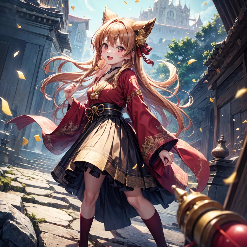 Pink, red, brown, gold, gold hair、Red gold eyes、Hair tied up、One good looking girl、solo、anime、Checkered mini skirt、Ruffles on the skirt、Checked dress、blouse、Kimono、Black knee-high socks、Ribbon、Ribbon on waist、Teeth are visible、Sparkly Necklace、From above、Cobblestones、waterfall、Starry Sky、Midnight Moon、suspension bridge、beam、Standing still、Transparent、Dragon flying、goddess、Edo、Confetti、Kicking、Ancient City、Arranging stones、Uphill、Castle on top of a rocky mountain