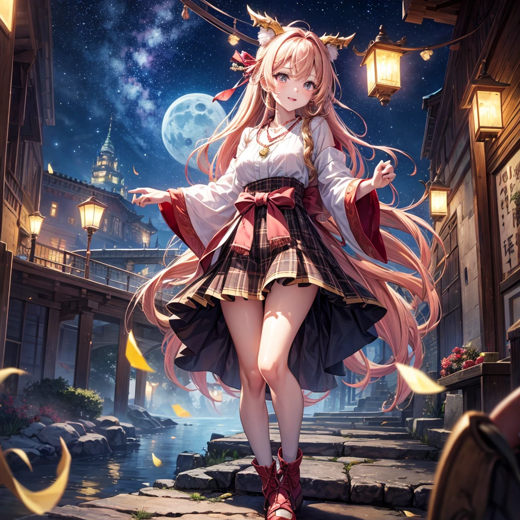 Pink, red, brown, gold, gold hair、Red gold eyes、Hair tied up、One good looking girl、solo、anime、Checkered mini skirt、Ruffles on the skirt、Checked dress、blouse、Kimono、Black knee-high socks、Ribbon、Ribbon on waist、Teeth are visible、Sparkly Necklace、From above、Cobblestones、waterfall、Starry Sky、Midnight Moon、suspension bridge、beam、Standing still、Transparent、Dragon flying、goddess、Edo、Confetti、Kicking、Ancient City、Arranging stones、Uphill、Castle on top of a rocky mountain