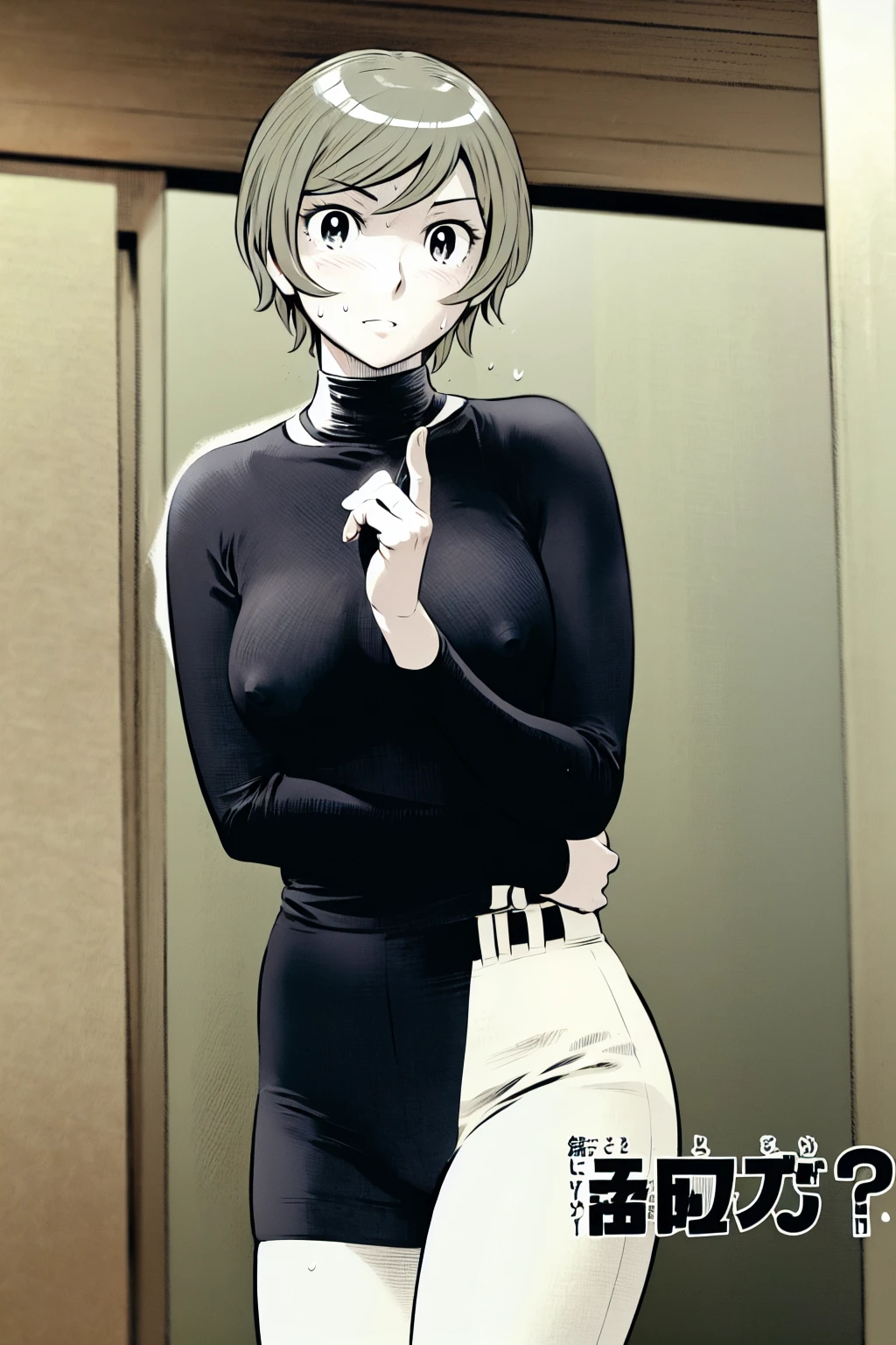 (野球uniform:1.2),
Blonde, (short hair:1.2),Long sleeve, Black Shirt, turtleneck,White trousers、uniform、Black belt、((Illustration of a person))、big 、
View your viewers,, (Highest quality:1.3),One Girl, White pants、uniform、Outdoor、baseball ground、ground、soil、blue eyes、Tight black shirt、(masterpiece、Highest quality)、Highest quality, Ultra-high resolution, (((masterpiece))), alone, Sweat、big eyes、big Breasts、Torn clothes、 fully exposed、Nipples、One Girl, Front view、Embarrassed face、Bronze colored hair、((short hair))、Stand up straight、Cowboy Shot