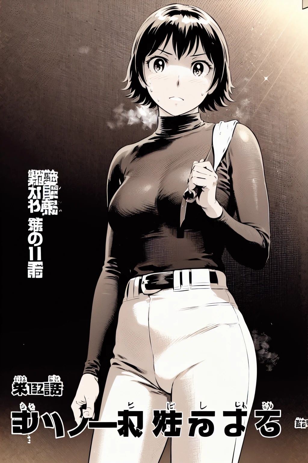 (野球uniform:1.2),
Blonde, (short hair:1.2),Long sleeve, Black Shirt, turtleneck,White trousers、uniform、Black belt、((Illustration of a person))、big 、
View your viewers,, (Highest quality:1.3),One Girl, White pants、uniform、Outdoor、baseball ground、ground、soil、blue eyes、Tight black shirt、(masterpiece、Highest quality)、Highest quality, Ultra-high resolution, (((masterpiece))), alone, Sweat、big eyes、big Breasts、Torn clothes、 fully exposed、Nipples、One Girl, Front view、Embarrassed face、Bronze colored hair、((short hair))、Stand up straight、Cowboy Shot