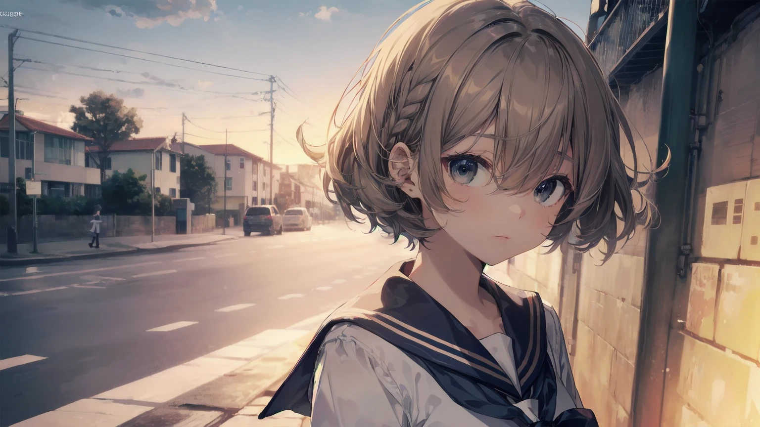 Highest quality, Anime Moe Art Style,Best Anime 8K Konachan Wallpaper,pixiv contest winners,Perfect Anatomy, (Please draw a girl walking sleepily to school.... ),break, 1 Girl, (alone,,,13 years old:1.3),high school student, short hair, amount, (Hair above one eye:1.7),All limbs, Full Finger,Medium Chest, Between the legs, Small eyes,accurate black eyes, Hair Clip, (Sailor suit:1.5),(school uniform:1.5) skirt,On the way to school. break,Very detailed,High resolution,ultra high density skin, Professional Lighting,8K eye detail, (Cute illustrations:1.2),Expressionless,(Hair on one eye:1.5),Sailor suit
