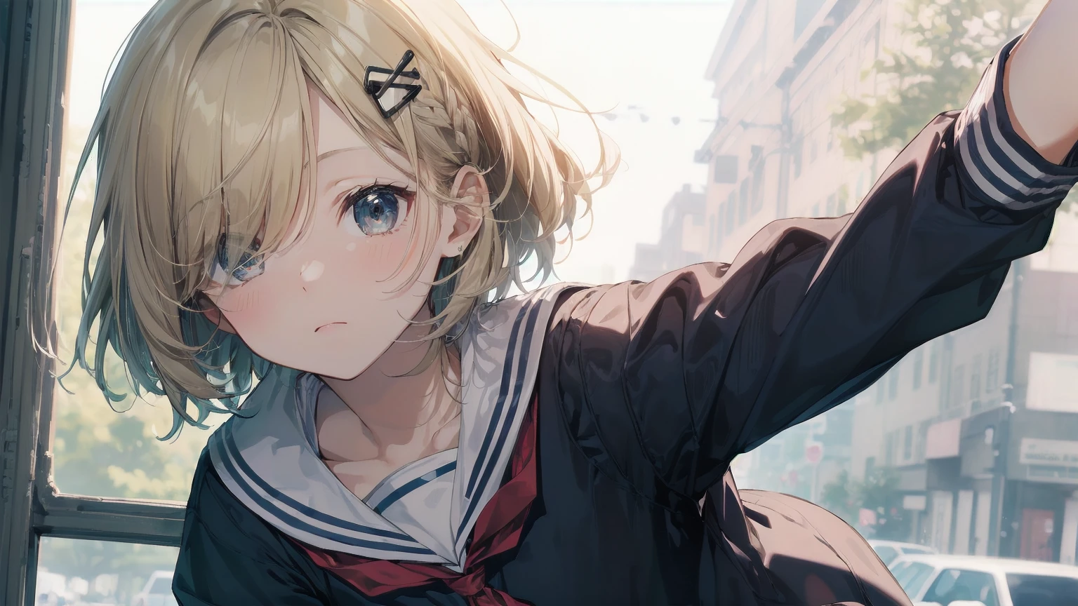 Highest quality, Anime Moe Art Style,Best Anime 8K Konachan Wallpaper,pixiv contest winners,Perfect Anatomy, (Please draw a girl walking sleepily to school.... ),break, 1 Girl, (alone,,,:1.3),high school student, short hair, amount, (Hair above one eye:1.7),All limbs, Full Finger,Medium Chest, Between the legs, Small eyes,accurate black eyes, Hair Clip, (Sailor suit:1.5),(school uniform:1.5) skirt,On the way to school. break,Very detailed,High resolution,ultra high density skin, Professional Lighting,8K eye detail, (Cute illustrations:1.2),Expressionless，(Hair on one eye:1.5)，Sailor suit