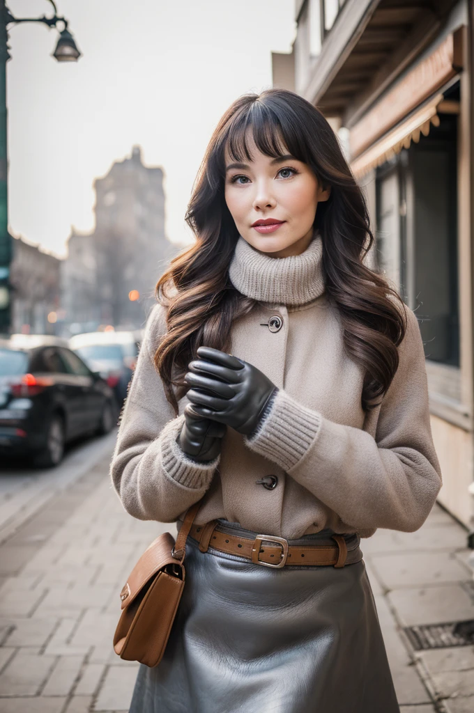 proFessional portrait photograph oF a gorgeous Bettie Page girl in winter clothing with long wavy red hair, sultry Flirty look, gorgeous symmetrical Face, joli maquillage naturel, wearing elegant warm winter Fashion clothing, ((debout dehors dans une rue enneigée de la ville)), (( soft grey leather gloves ))  (( grey skirt)) superbe environnement urbain moderne, ultra realistic, art conceptuel, elegant, Very detailed, complexe, sharp Focus, depth oF Field, F/1. 8, 85mm, Coup moyen, midplane, (((proFessionally color graded))), bright soFt diFFused light, (volumetric Fog), tendance sur Instagram, hdr 4k, 8K