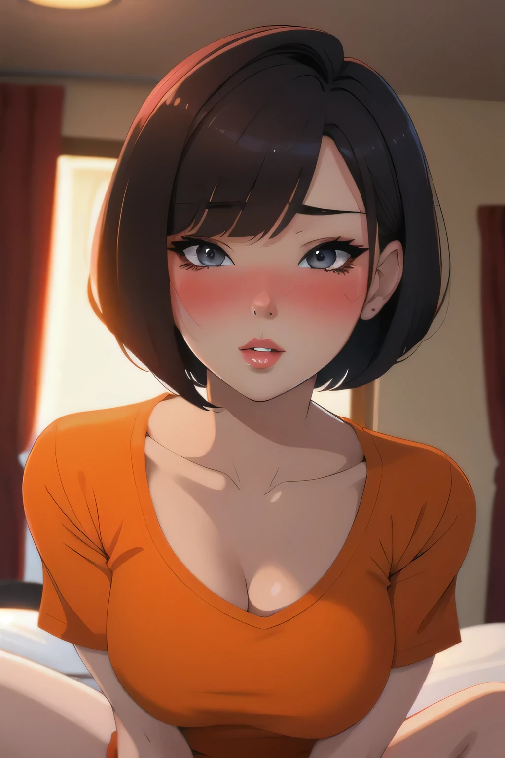 Sexy woman, short bob hairstyle, seductive gaze, blushing intensely, parted lips, desperate, flustered, lustful, orange t shirt, on bed