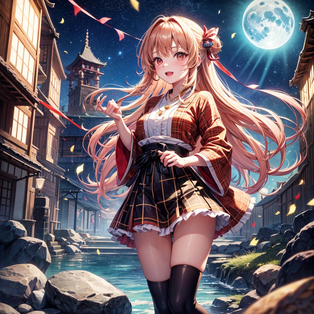 Pink, red, brown, gold, gold hair、Red gold eyes、Hair tied up、One good looking girl、solo、anime、Checkered mini skirt、Ruffles on the skirt、Checked dress、blouse、Kimono、Black knee-high socks、Ribbon、Ribbon on waist、Teeth are visible、Sparkly Necklace、From above、Cobblestones、waterfall、Starry Sky、Midnight Moon、suspension bridge、beam、Standing still、Transparent、Dragon flying、goddess、Edo、Confetti、Kicking、Ancient City、Arranging stones、Uphill、Castle on top of a rocky mountain