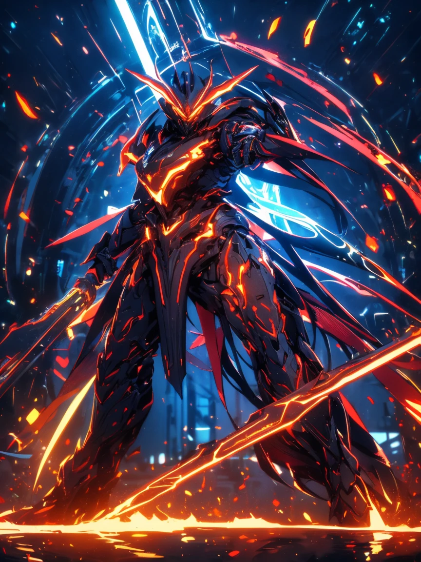 masterpiece, best quality, (Realistic, Intricate details, Shiny, Reflective, Bioluminescent, cybersamurai, red-green armor), (assassin:1.2), Mech Knight, ((Guard Stance)), Halo, Elden Ring, (Attacking with symmetrical neon red sword:1.2, intricate details), Galaxy, GlowingRunes_red, fullbody, cinemnatic, dark background, backlight, high contrast,