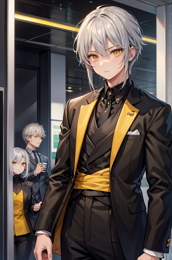 gray hair,yellow eyes,black suit