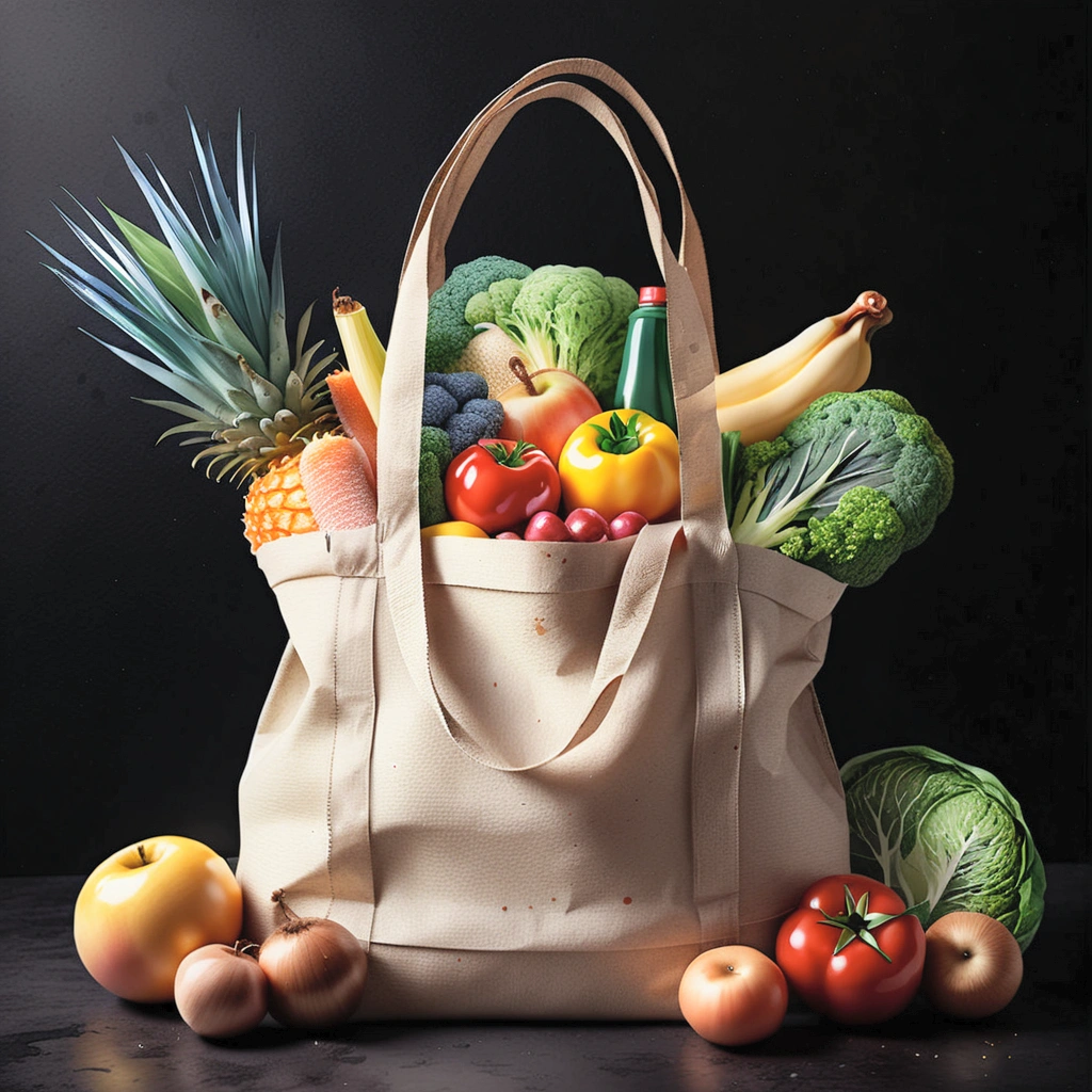 grocery bag with a lot healthy food, illustration, isolated with solid black background, surrounded with negative space, centered composition, 8k, highest detailed painting, very precise painting, Isolated, clear solid black background, perspective angle of view, cartoon style, ((watercolor)), clip art, (lora:add-detail-xl:1)