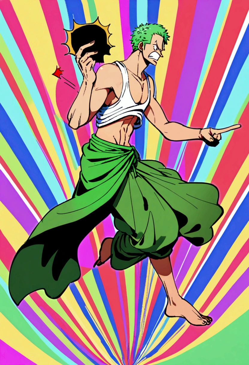 zoro from one piece, full body, side profile, angry, one hand points to the side, tank top.