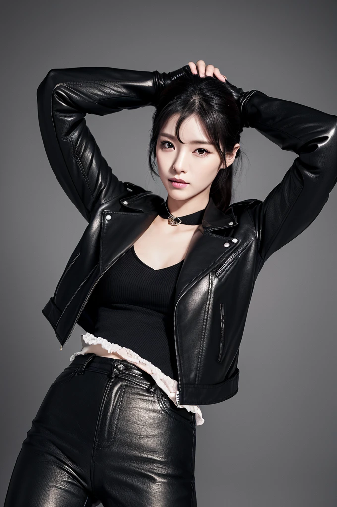 black leather rider jacket, office in the dark, Fingertips of black leather gloves on both hands,wearing black leather gloves,sitting in a black leather chair、 Japanese female new employee (black leather gloves cover both hands) (The angle is horizontal)、black leather leather pants,black leather black leather pants,black leather skinny pants、Long black leather boots on both feet、black hair ponytail ((He wears black leather gloves on his hands))Full Body Photo,full body shot full body full body leather suit,☺If you turn in this direction。wearing black leather gloves,wearing black leather gloves,wearing black leather gloves,wearing black leather gloves,wearing black leather gloves,wearing black leather gloves,黒のレザーパンツが美しい😍黒のレザーパンツが美しい😍黒のレザーパンツが美しい,😍I'm smiling while looking at you,City lights、((Neon Cyberpunk City Street:1.3))、(Neon Light)、Detailed lighting、
Best image quality、Ultra-high resolution、(realism:1.4)、korean beauty star、The most beautiful KPOP stars、face、horny korean makeup、A body that makes you want to touch it、Realistic leather texture、Costume made of smooth leather fabric、The drape of the curved parts of the leather fabric、The costume has a strong shine、costume quality、8K Photo Quality