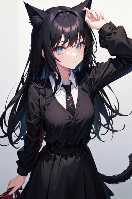 Black Hair，Black clothing，Cat ear，Girl，Poker face，tie，Standing，whole body