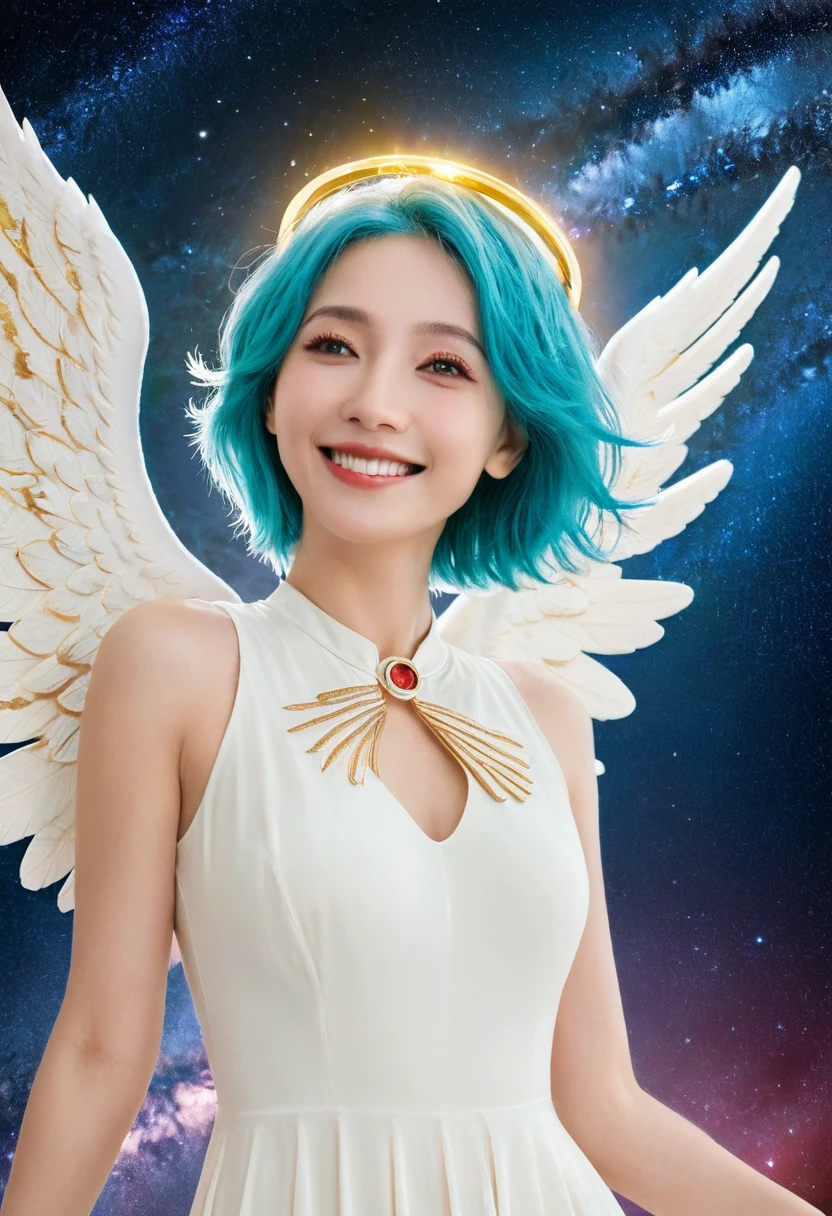 A woman, Cyan hair, Red Eyes, Smile, Angel Wings, Golden Halo, White Dress, upright, In outer space, Milky Way in the background, stars in the distance, Upper Body