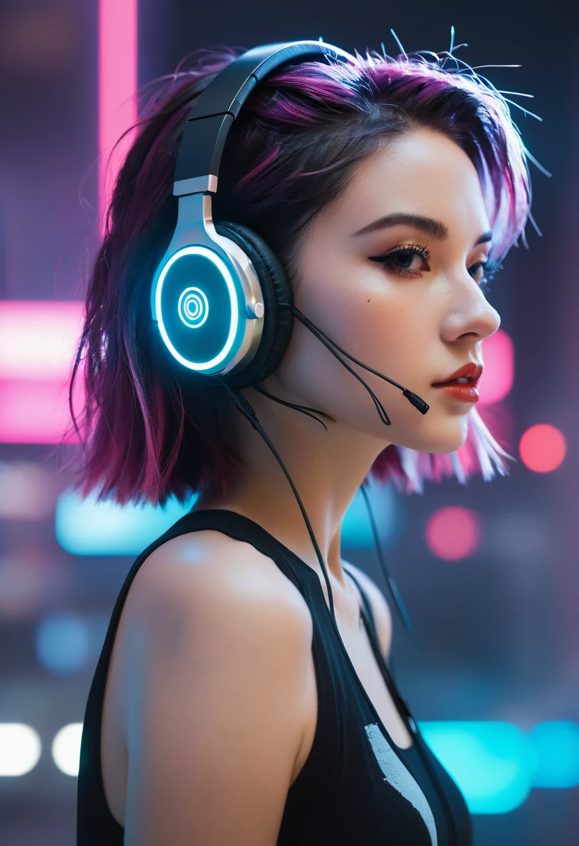 A woman wearing headphones stands next to, Cyberpunk Art by Jason A. Engel, CG Society, Retro-futurism, Ilya Kuvshinov, Science Fiction, Futuristic, Energetic, photoPractical, Practical, dramatic, light, Clear focus, 8K