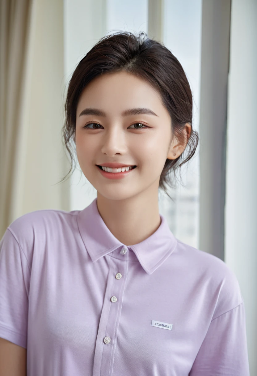 (Higher resolution, clearly_image) Best quality, A woman, masterpiece, Very detailed, Semi-realistic, 21 years old, beautiful, young, Handsome, t-shirt, Lilac shirt pull, Collar around the neck, Internal, modern room, window, wake up, morning, blush, Smile