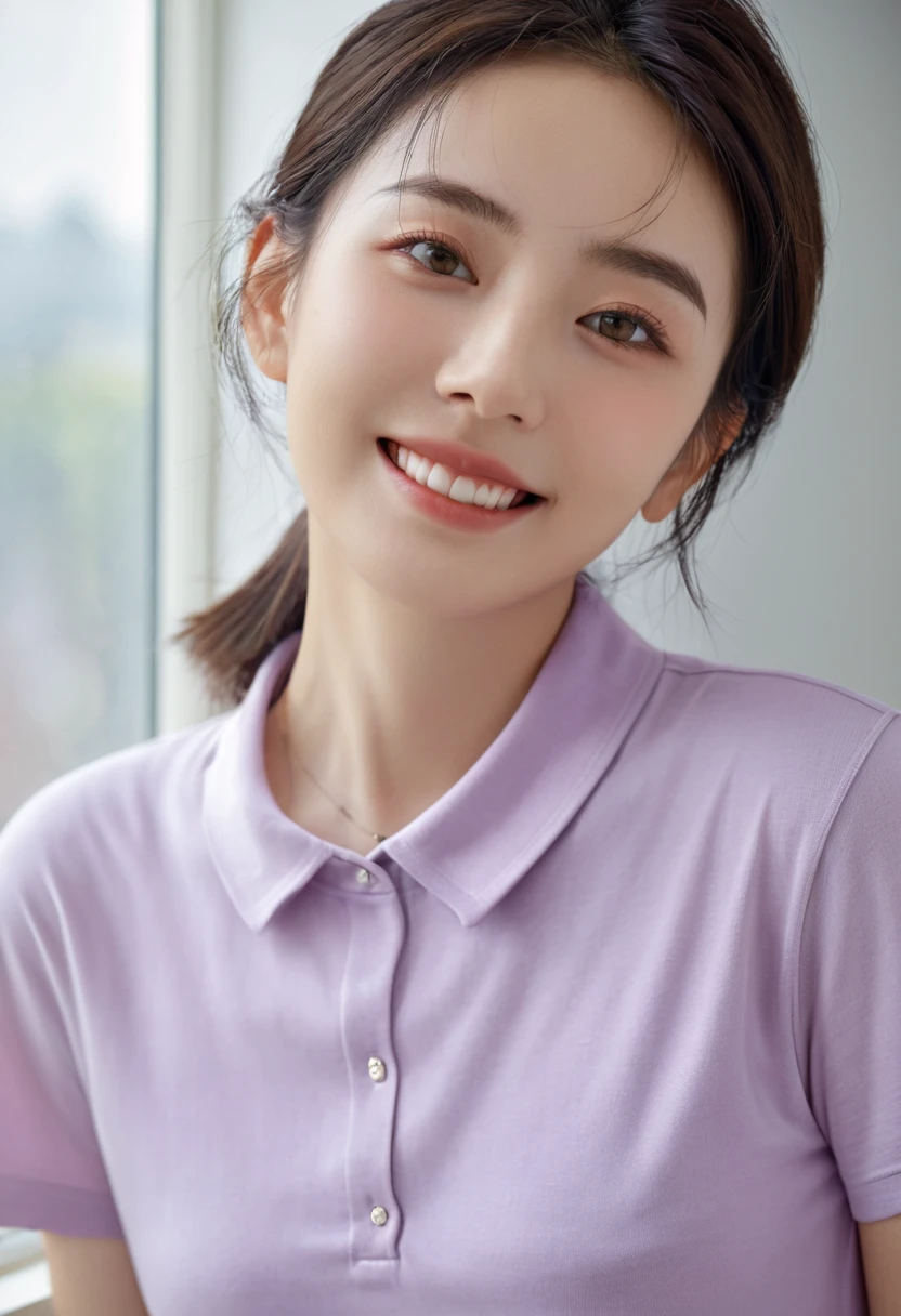 (Higher resolution, clearly_image) Best quality, A woman, masterpiece, Very detailed, Semi-realistic, 21 years old, beautiful, young, Handsome, t-shirt, Lilac shirt pull, Collar around the neck, Internal, modern room, window, wake up, morning, blush, Smile