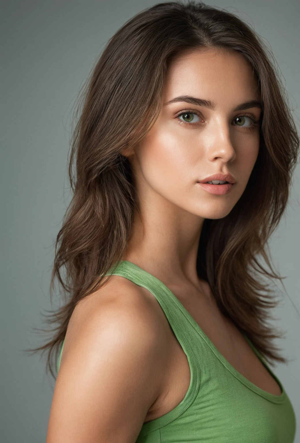 arafed woman with a green tank top and a light in the background, portrait of a beautiful model, photo of a beautiful woman, a beautiful young woman, attractive female face, attractive young woman, gorgeous attractive face, perfect proportions fine face, medium portrait soft light, finely detailed perfect face, young woman's face, big cheekbones