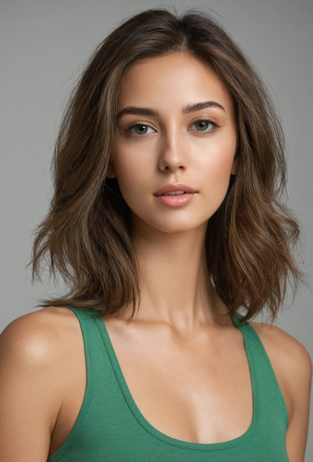 arafed woman with a green tank top and a light in the background, portrait of a beautiful model, photo of a beautiful woman, a beautiful young woman, attractive female face, attractive young woman, gorgeous attractive face, perfect proportions fine face, medium portrait soft light, finely detailed perfect face, young woman's face, big cheekbones