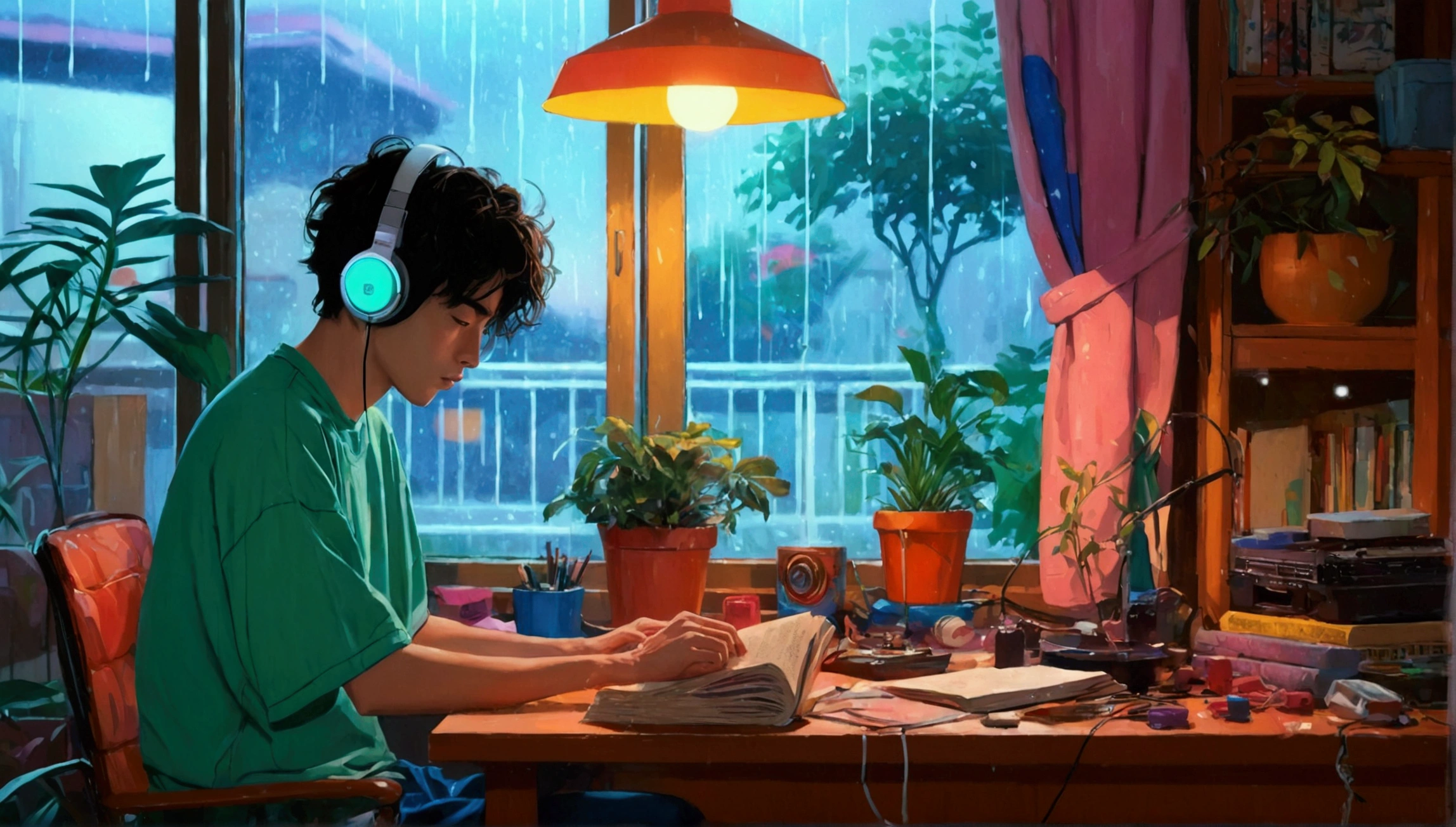 (The best quality at its best,4K,8K,High resolution,masterpiece:1.2),Super detailed,(Actual,Realistically,Realistic:1.37),Man studying in his room,I read a book,Put on your headphones,Night Light,Rainy day neon light scenery,Simulate a color theme,Lo-fi hip hop,Vintage,flat,2.5 days,Draw a line,墨とWatercolor,Large gradient,Watercolor,Antique Colors,スタジオGhibli style,Vibrant and colorful,outdoor activities,Synthwave,Lo-fi art,90s Style,Old Texture,amplitude,90s vibe,On the table,Amazing Technology,16:9 Scale、Ghibli style