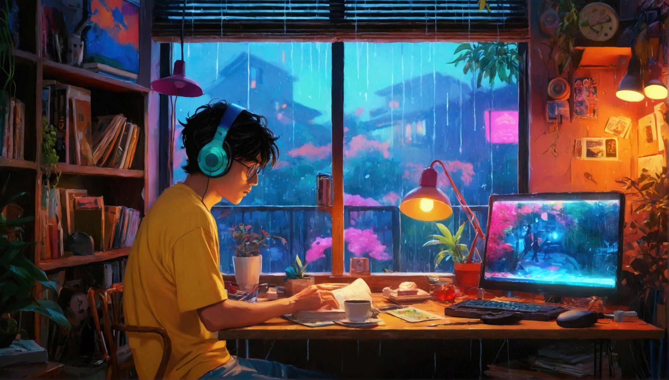 (The best quality at its best,4K,8K,High resolution,masterpiece:1.2),Super detailed,(Actual,Realistically,Realistic:1.37),Man studying in his room,I read a book,Put on your headphones,Night Light,Rainy day neon light scenery,Simulate a color theme,Lo-fi hip hop,Vintage,flat,2.5 days,Draw a line,墨とWatercolor,Large gradient,Watercolor,Antique Colors,スタジオGhibli style,Vibrant and colorful,outdoor activities,Synthwave,Lo-fi art,90s Style,Old Texture,amplitude,90s vibe,On the table,Amazing Technology,16:9 Scale、Ghibli style