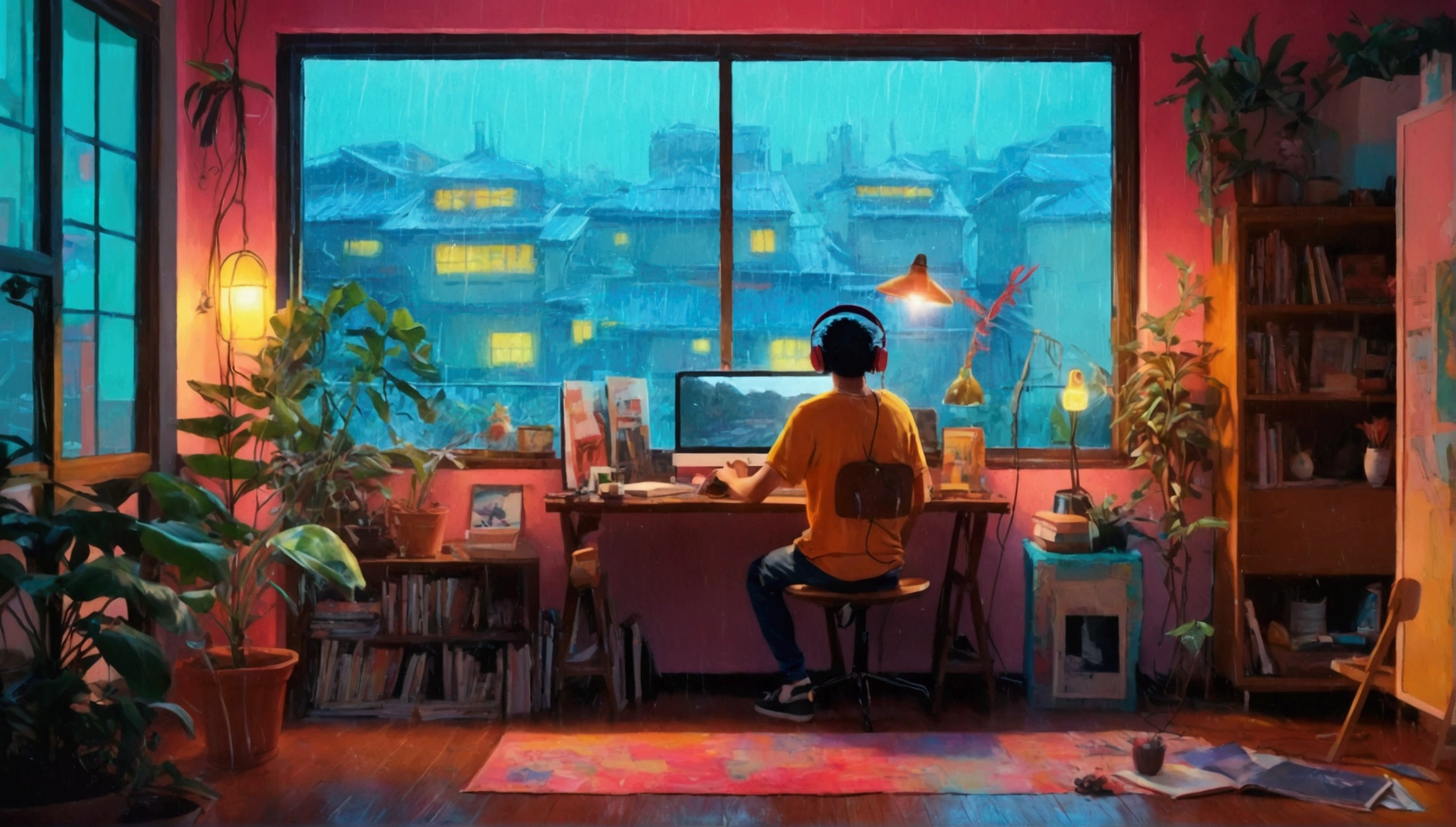 (The best quality at its best,4K,8K,High resolution,masterpiece:1.2),Super detailed,(Actual,Realistically,Realistic:1.37),Man studying in his room,I read a book,Put on your headphones,Night Light,Rainy day neon light scenery,Simulate a color theme,Lo-fi hip hop,Vintage,flat,2.5 days,Draw a line,墨とWatercolor,Large gradient,Watercolor,Antique Colors,スタジオGhibli style,Vibrant and colorful,outdoor activities,Synthwave,Lo-fi art,90s Style,Old Texture,amplitude,90s vibe,On the table,Amazing Technology,16:9 Scale、Ghibli style